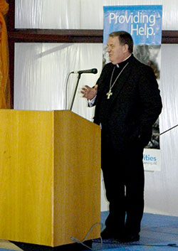 Archbishop Joseph W. Tobin addresses participants at the Hope for Hunger event on Nov. 19 in Terre Haute. The fundraiser helped not only to raise funds to purchase a larger facility for the Catholic Charities Terre Haute Food Bank, but also to increase awareness of the problem of hunger in west central Indiana. (Submitted photo)