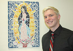 Spirit of Service Youth honoree Michael Isakson helped to create the mosaic of Our Lady of Guadalupe that greets women to Birthline, the Catholic Charities Indianapolis program that provides assistance to women in need. (Photo by John Shaughnessy)
