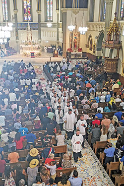 Nearly 1,000 worshipers filled St. John the Evangelist Church in Indianapolis on June 19 for a holy hour and Benediction that was the conclusion of the start of the National Eucharistic Revival in the archdiocese. (Submitted photo by Julie Motyka)